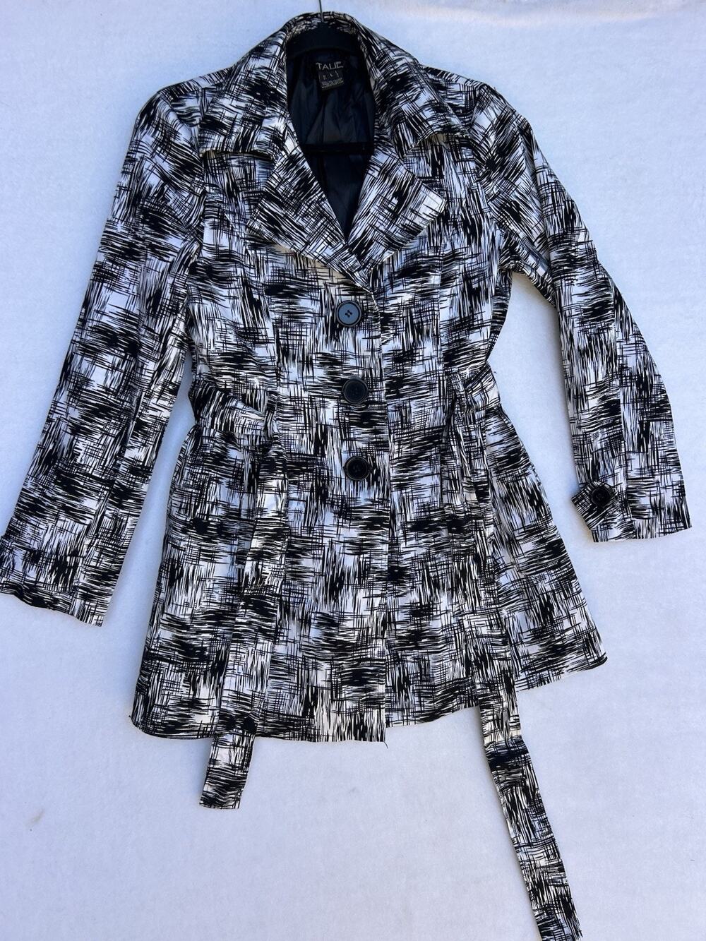 TALIE Black & White Abstract Crosshatch Belted Trench Coat Jacket Cotton S /L